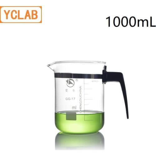 YCLAB 1000mL Beaker Low Form GG - 17 Glass 1L with Graduation Plastic Handle Spout Measuring Cup Laboratory Chemistry Equipment