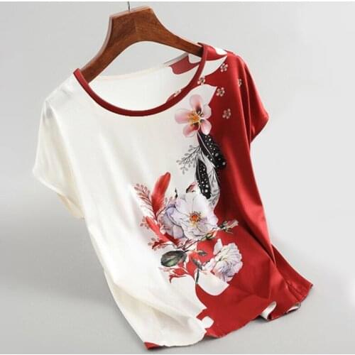 2021 New Summer Women Silk Satin Blouses Plus Size Batwing Sleeve Vintage Print Floral Blouse Ladies Casual Short Sleeve Tops