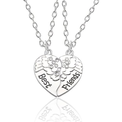 New Angel Wings White Rhinestone Stitching Heart-shaped Pair Of Pendant Necklaces Best Friend Necklace Friendship Jewelry Gift