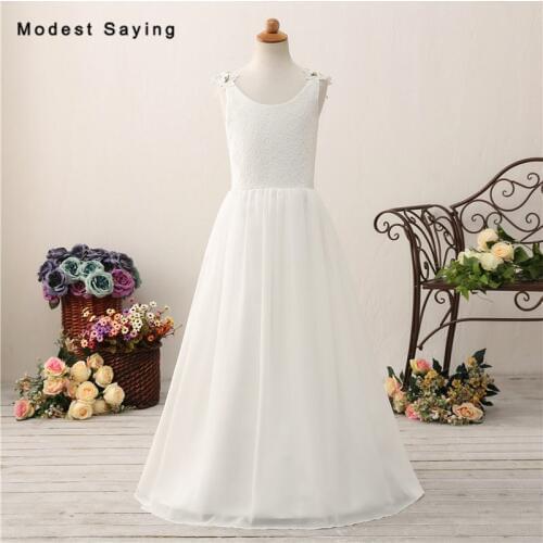 Simple Ivory A-Line Lace Cover Flower Girl Dresses 2018 Kids Girls New Arrival Long Chiffon Pageant Garden Party Prom Gowns