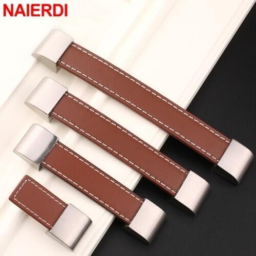 NAIERDI Zinc Alloy Leather Cabinet Handles Wardrobe Kitchen Cupboard Vintage Black Brown Furniture Handle Dresser Knobs