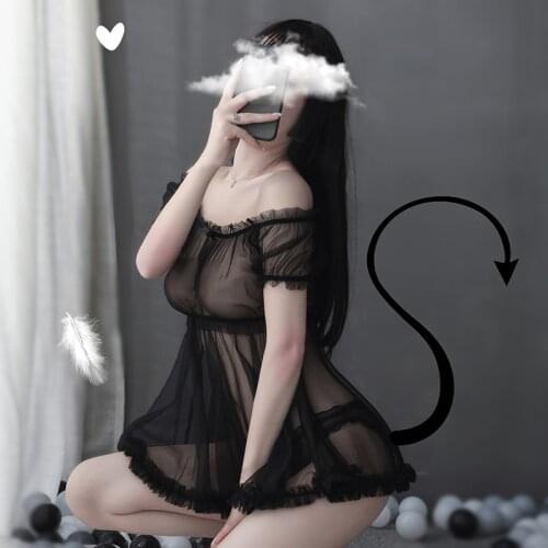 Short Sleeve Slash Neck Ruffle Bow Mesh Gauze Sheer Tops Shorts Woman Nightdress Sexy Sleepwear Lingerie Pajamas Set Black