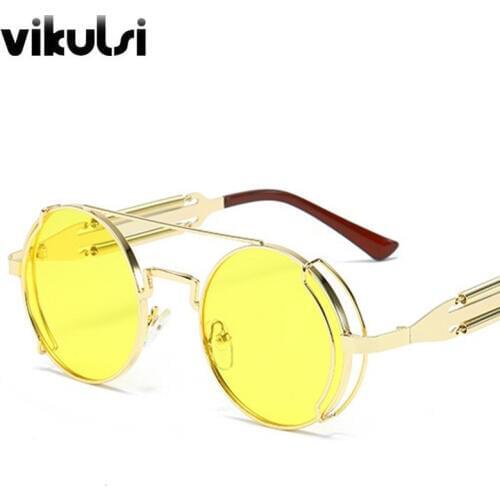 Unique Metal Frame Steampunk Sunglasses Men Women Italian Design Spring Arm Round Sun Glasses Female Men Hip Hop Punk Glasses