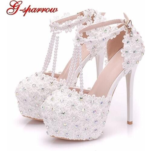 2019 White Lace Wedding Shoes White Lace Beading T-straps Ankle Straps Bride Shoes 14cm Super High Heel Bridesmaid Shoes Pumps