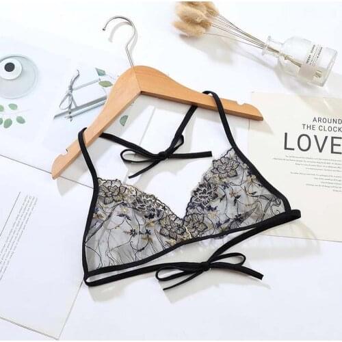 European and American Embroidered Flower Ultra-thin Transparent Bra Women Straps Hollow Open Back Sexy Lingerie Underwear