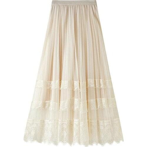High Waist Lace Mesh Skirt Women Summer Long Pleated A-line Lace Skirts Womens With Lining