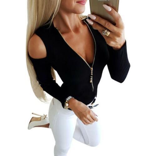 Women Hollow Out Zipper Autumn T-shirt Ladies Sexy Off Shoulder Tee Shirts Fashion V-Neck Slim Fit Plus Size T Shirt