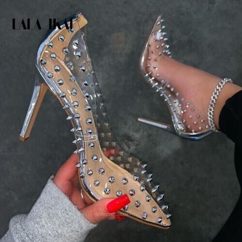 LALA IKAI Spring Summer High Heels Rivet Sandals Women’s Pointed Toe Thin Heels Shallow Shoes Sexy Large Size Zapatos de mujer