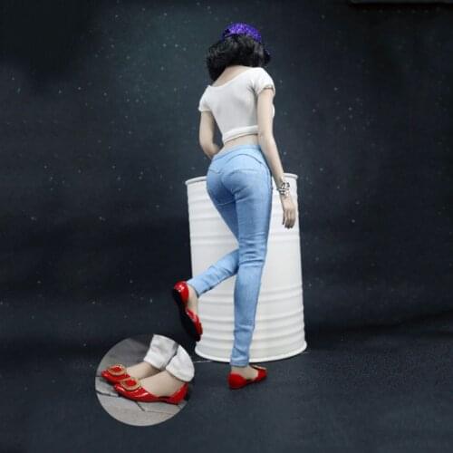 1/6 ladies square buckle flat shoes, casual letter T-shirt, buttocks denim pants suit suitable for removable doll clothes
