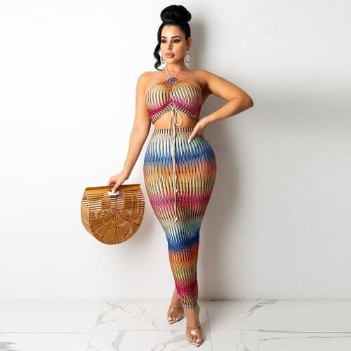 Elegant Classy Striped Print Two Piece Set Women Skirt Halter Backless Slim Fit Crop Top+elastic Waist Bodycon Maxi Dress Suit