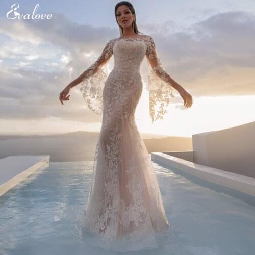EVALOVE Elegant Scoop Neck Button Bride Mermaid Wedding Dress 2021 Gorgeous Appliques Full Sleeve Customized Trumpet Bridal Gown