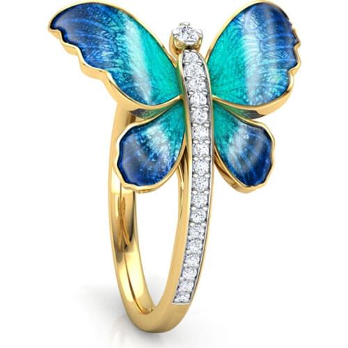 Fantasy Blue Butterfly Wings Rings Gold Open Finger Rings Charms Jewelry Fashion Adjustable Rhinestone Party Rings For Women