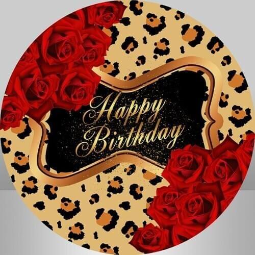 Leopard theme Red Rose Happy Birthday Party Background Custom 40th 50th Birthday Round Backdrop Cover Candy table Banner