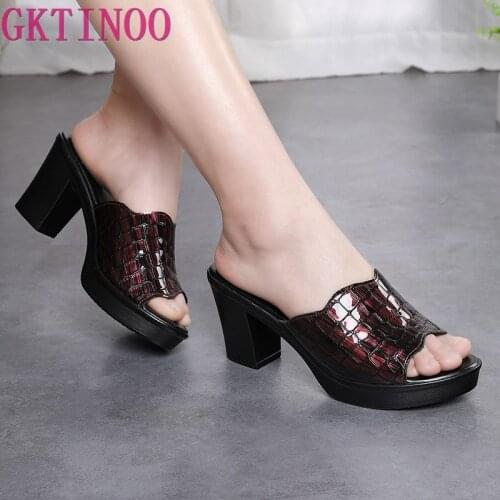 GKTINOO Women Slippers 2021 Ladies Summer Slippers Shoes Women High Heels Fashion Platform Summer Shoes Genuine Leather