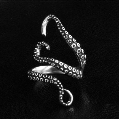 High Quality Punk 925 Sterling Silver Gothic Deep Sea Squid Octopus Finger Ring Jewelry Open Adjustable Size Bague