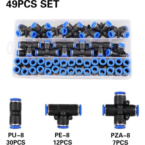 49PCS/Box Set Pneumatic Fittings PZA/PU/PE Water Pipes Pipe Connector PU-8mm Plastic Hose Quick Couplings Tee Air Straight Gas