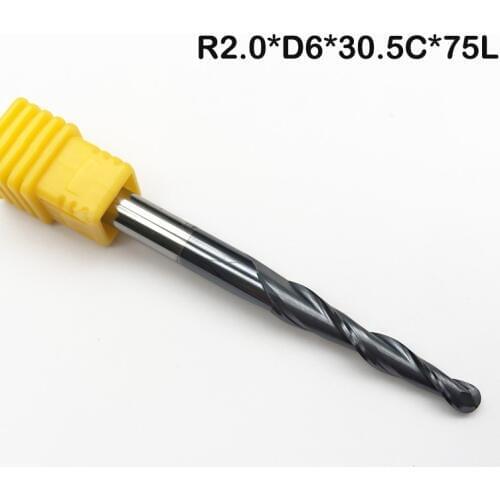 2pcs/lot R2.0*D6*30.5*75L*2F HRC55 long flute Tungsten carbide Coated Tapered Ball Nose End Mill cone type cnc milling cutter