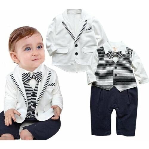 Clothes Baby Boy Wedding Christening White Tuxedo Outfit Suits+Jacket Dress Set Stripe Print Casual Fashion