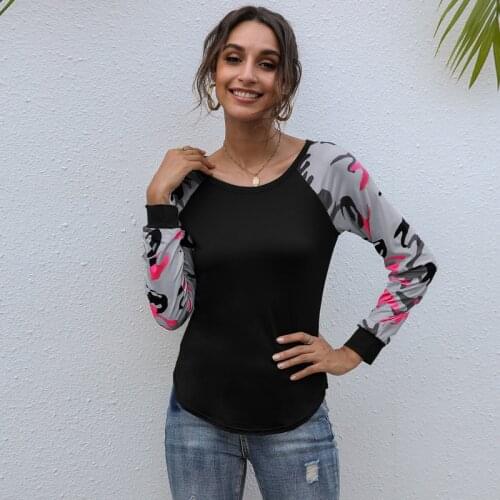 Summer Hot Autumn Fashion Leisure Time Long Sleeve Crew Neck Stitching Printed Top Camouflage Lady T Shirts