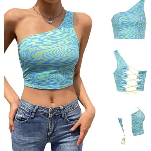 Summer Women Close-fitting Sexy Vest Blue Wavy Printed Pattern One-shoulder Sleeveless Bandaged Crop Camis Tops
