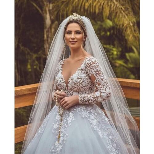 A Line Wedding Dresses Long Sleeves Chic Flower Appliqued Lace Sweep Train Beach Boho Bridal Gowns Custom Made Vestido De Novia