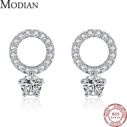 Modian 925 Sterling Silver Sparkling Circle Stud Earrings for Women Hypoallergenic Clear CZ Wedding Engagement Statement Jewelry