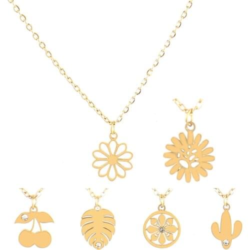 Fashion Stainless Steel Necklace For Women Gold Color Flower Necklace Womens Pendant Necklace Choker Necklace Leaf Jewelry Gift
