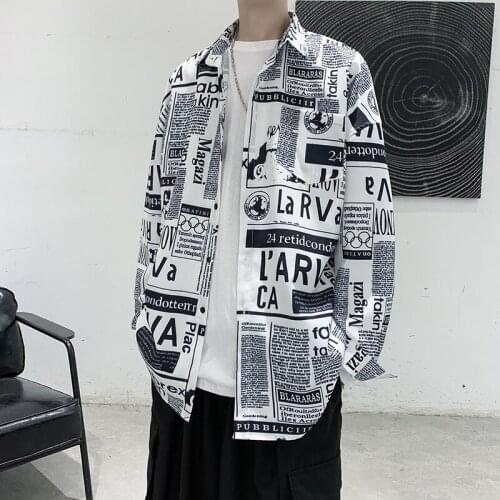 Mens Youth Fashion Newspaper Print Long Sleeve Loose Casual Shirt Top Black White F35