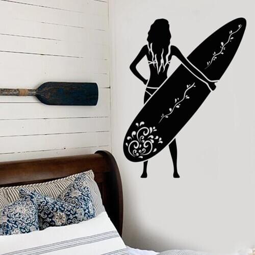 Surfing Wall Sticker Beach Decal Water Sports Stickers Surfer Girl Mural Surfboard Decals Bathroom Decor Girls Room Decoration