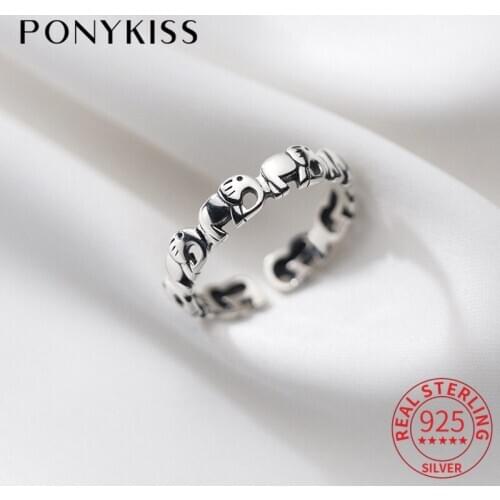 PONYKISS Romantic S925 Sterling Silver Cute Elephant Animals Adjustable Rings for Women Party Fine Jewelry Accessory Gift