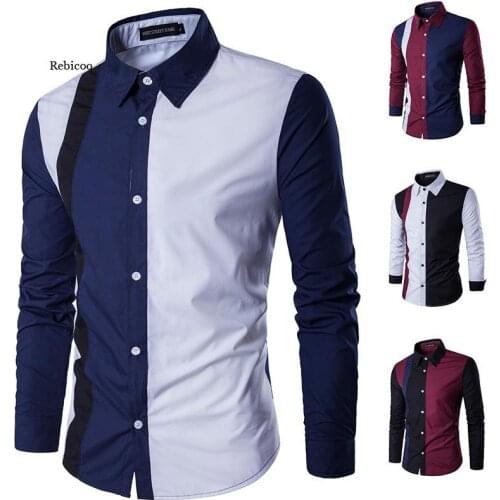 Mens Dress Shirts Spring Casual Long Sleeve Fashion Business Shirt Patchwork Social Shirts Male Slim Fit for Men Clothing