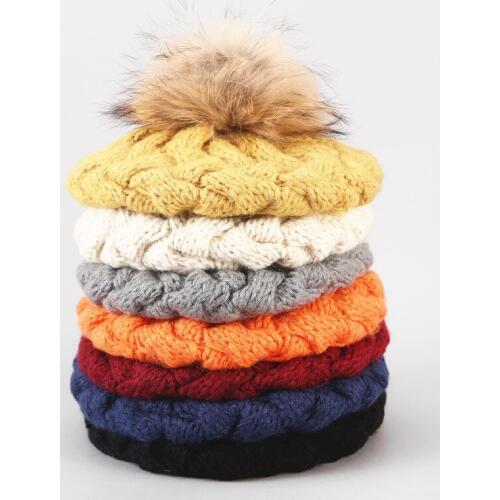 LVYI013 Girl Warm Hat New Winter Chunky Handmade Knitted Cap Womens Fur Pom pom Beret Cap Bonnet Gorros