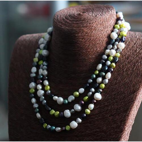 Terisa Pearljewelry 100% Real Freshwater Pearl Necklace 6-9mm Multicolor 120CM Long Pearl Jewelry Free Shipping
