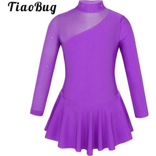 TiaoBug Kids Girls Rhinestone Tulle Long Sleeves Ballroom Figure Ice Skating Dress Child Gymnastics Leotard Ballet Dance Costume