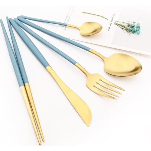 Fork Spoon Knife Chopsticks Cutlery Set Blue Gold 304 Stainless Steel Set Teaspoon Silverware Dinner Dinnerware Set Dropshipping