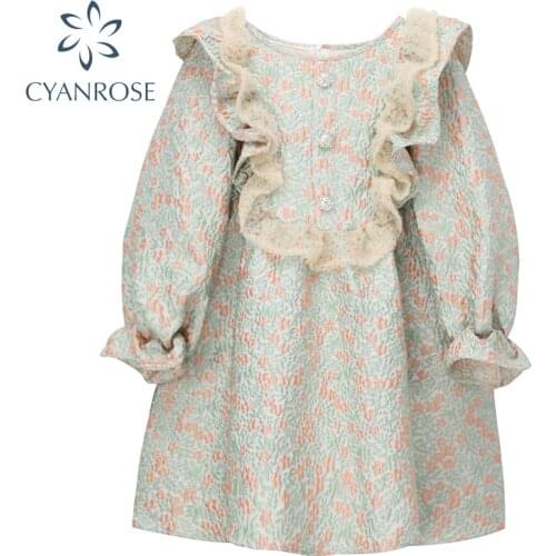 Vintage Elegant Women Mini Dress Autumn 2021 New Round Neck Agaric Lace Design Puff Long Sleeve Casual Short Party Dress Female