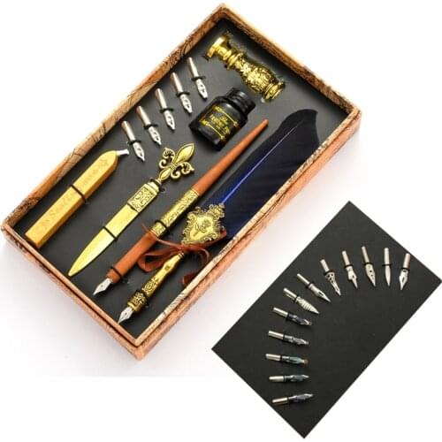 W3JD Vintage Quill Feather Dip Pen Fountain Writing Ink 5 Nibs Seal Wax Gift Box Calligraphy Stationery School Supplies