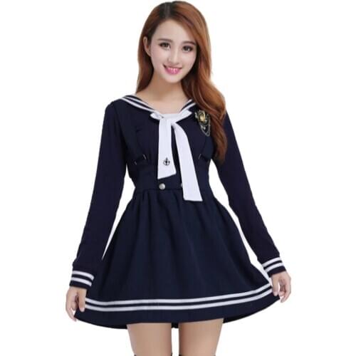 Japanese School Uniforms for Women Korean Navy Sailor Cotton School Uniforms For Girls Straps Skirt+Long Sleeve Shirt+Tie
