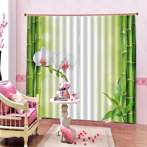 Chinese style Green Bamboo Round flower Curtain Digital Print For Living room Bedroom Blackout Window Drapes Sets 2 Panels Hooks