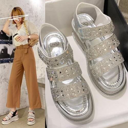 New Summer Beach Bling Crystal Rome Ladies Sandals Rhinestone Platform Cutouts Wedges Women Shiny Shoes Mujer Zapatos Size 35-40
