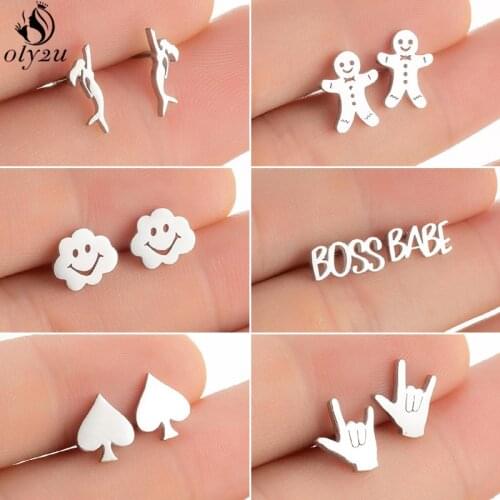 Funny Spade Heart Earrings Small Stainless Steel Snowman Cloud Mermaid Stud Earring Women Summer Jewelry boucle d'oreille femme