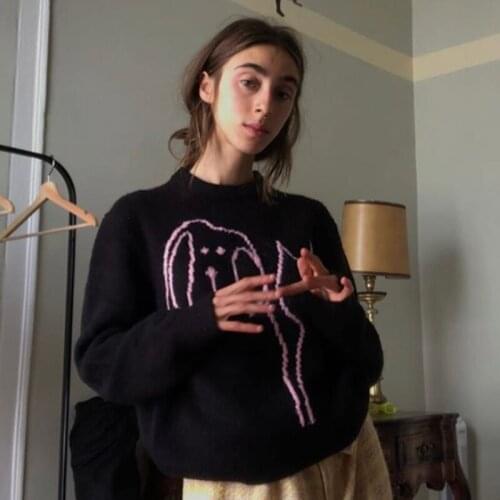 B-TOTO American Retro Black Cartoon Round Neck Pullover Sweater Women Loose Outer Wear 2021 New Fashion