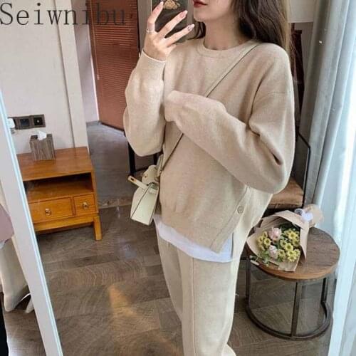 Seiwnibu New O-Neck Knitted Two Piece Set Top And Pants Women Tracksuit 2020 Autumn Korean 2 Piece Sets Womens Outfits