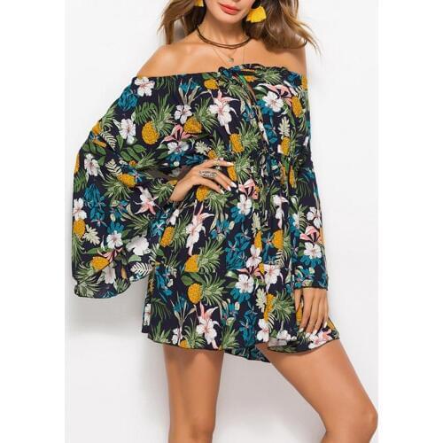 2018 New Beach Dress Women Beachwear Cover Up Sexy Off-shoulder Floral Print Flare Sleeves Dress