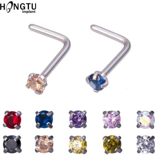 10pcs AAA Zircon With Stainless Steel L Shape Curved Nose Rings Piercing nose septum10 Colors/Lot Nose Studs 20G Body Jewelry