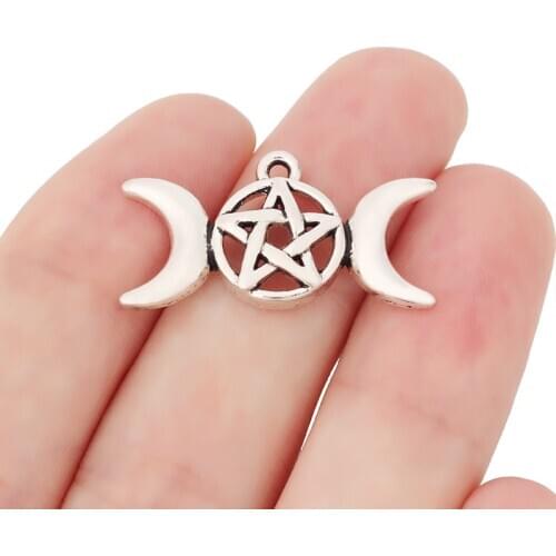 30 x Tibetan Silver Triple Moon Pentagram Pentacle Star Charms Pendants for Wicca Pagan Jewelry Making 30x16mm