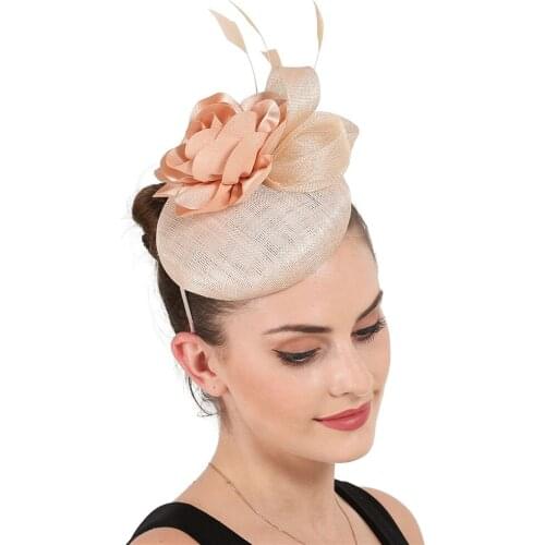 4-Layer Sinamay Women Champagne Wedding Feather Flower With Bow Ladies Hair Accessory Wedding Party Floral Millinery Hats SYF655