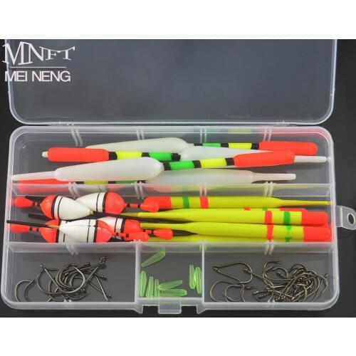 MNFT 5Sets Each 15PCS 3 size Vertical Fishing Float Buoys Bobber Fishing Tackle buoyage with Free Tackle Box + 30pcs Hooks Combo