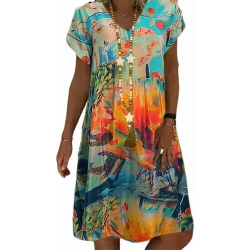 50% Hot Sales!!! Women Dress Retro Printing Cool Vintage Women Short Sleeve A-Line Dress for Beach