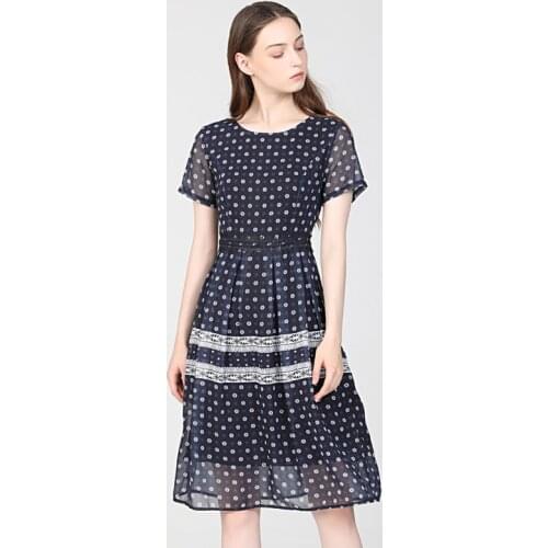 Only Plus Deep Blue Polka Dot Dress For Women Chiffon Patchwork Bohemian Summer Knee Dresses Short Sleeve Female Dress 2021
